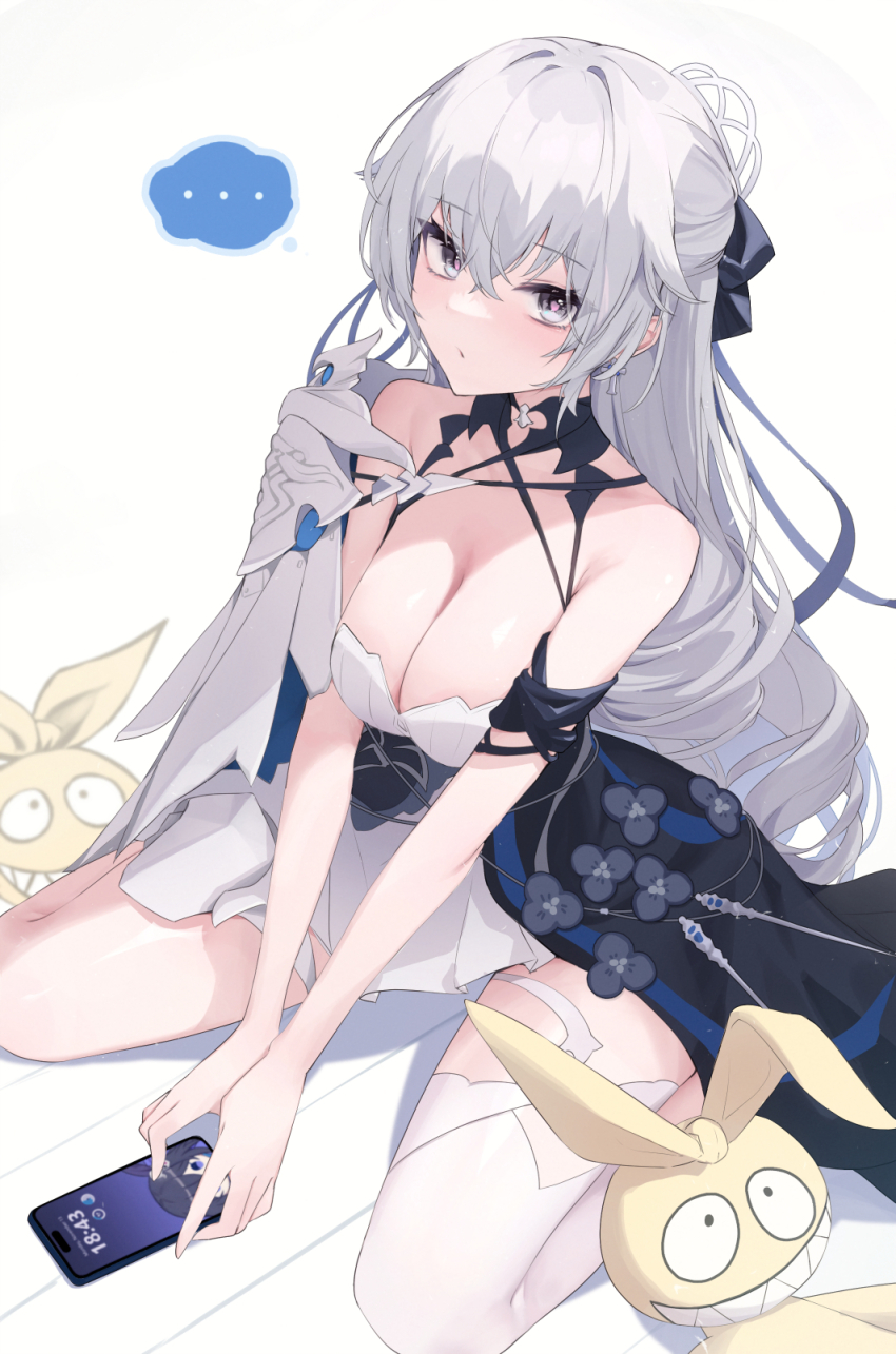 ... 1girl bare_shoulders breasts bronya_zaychik bronya_zaychik_(silverwing:_n-ex) cellphone cleavage commentary dress feet_out_of_frame grey_eyes grey_hair hair_between_eyes highres holding holding_phone homu_(honkai_impact) honkai_(series) honkai_impact_3rd large_breasts long_hair looking_at_viewer phone ru_yan simple_background single_thighhigh sitting sleeveless smartphone symbol-only_commentary thighhighs wariza white_background
