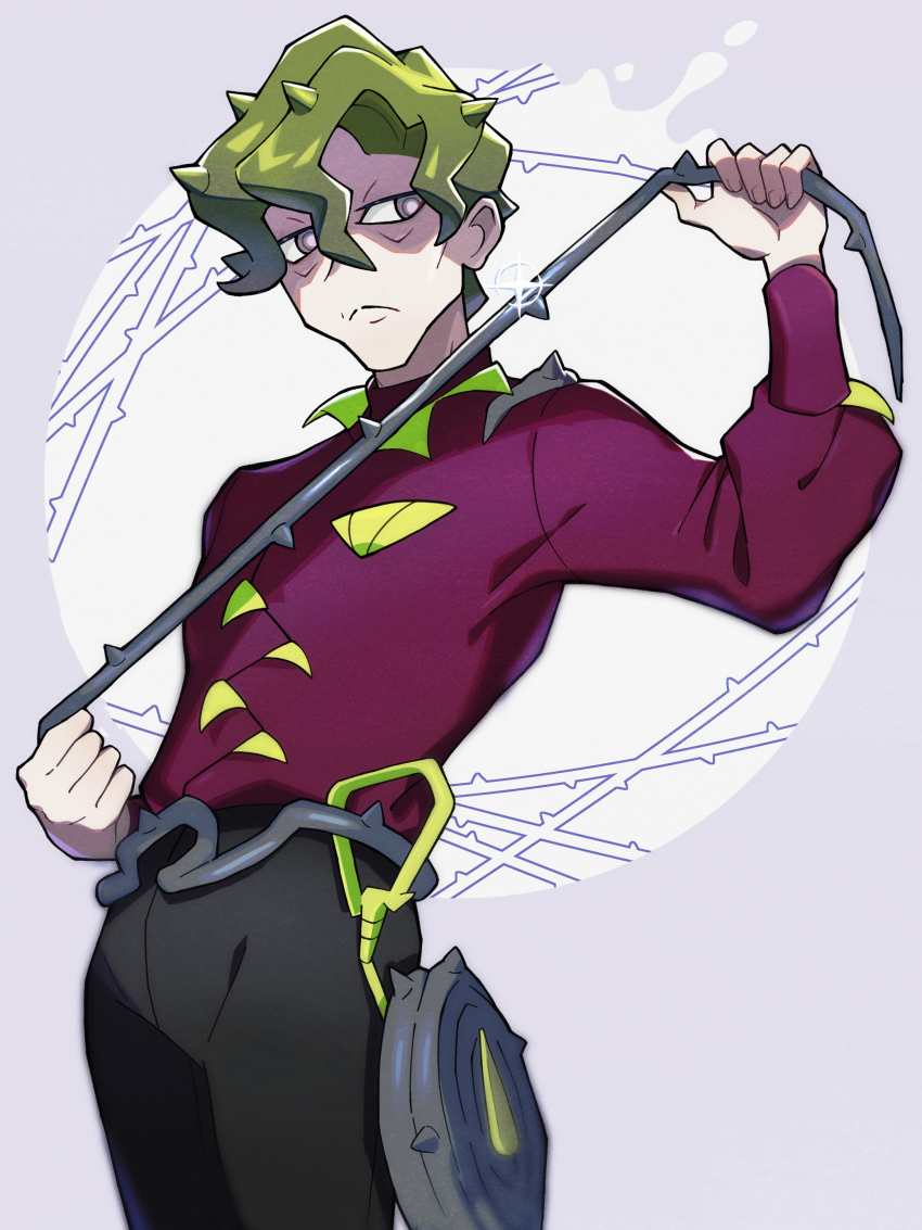1boy absurdres black_pants blurry brassius_(pokemon) bright_pupils closed_mouth commentary_request cowboy_shot frown green_hair grey_eyes hair_between_eyes hand_up highres holding holding_whip jacket long_sleeves male_focus nintendo nori_(hgdm2784) pants pokemon pokemon_sv short_hair solo sparkle