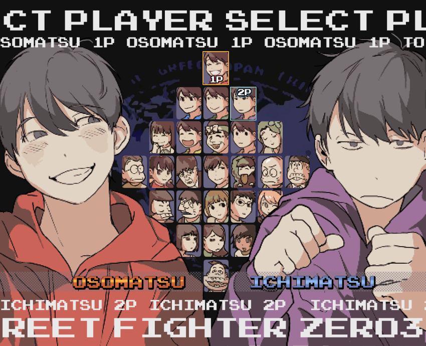 6+boys 6+girls aida_(osomatsu-san) akatsuka_fujio black_eyes black_hair brothers buck_teeth character_name character_select chibita clenched_hands dayoon dlsso21 everyone fake_screenshot fighting_game flower_fairy_(osomatsu-kun) glasses glasses_boy_(osomatsu-san) grin hashimoto_nyaa hatabou highres hood hoodie inuyama_kinko iyami jyushimatsu&#039;s_girlfriend matsuno_choromatsu matsuno_ichimatsu matsuno_jyushimatsu matsuno_karamatsu matsuno_matsuyo matsuno_matsuzou matsuno_osomatsu matsuno_todomatsu multiple_boys multiple_girls osomatsu-san osomatsu_(series) purple_hoodie raised_fist red_hoodie sachiko_(osomatsu-san) sanematsu_(osomatsu-san) sanpaku short-haired_girl_(osomatsu-san) short_hair siblings smile street_fighter street_fighter_zero_(series) teeth vs yowai_totoko