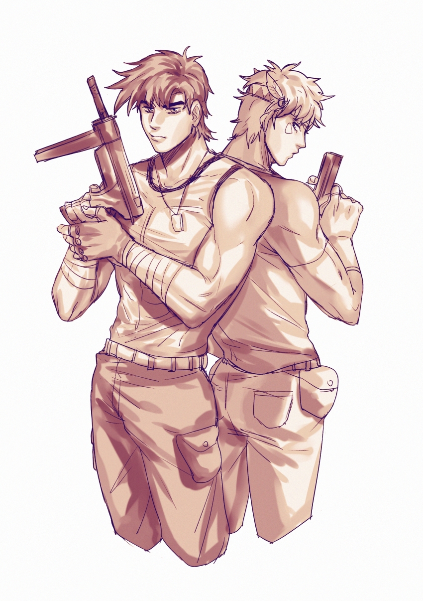 2boys absurdres back-to-back bandaged_wrists battle_tendency caesar_anthonio_zeppeli clothes_lift dog_tags facial_mark feather_hair_ornament feathers fingerless_gloves gloves gun hair_ornament headband highres jojo_no_kimyou_na_bouken joseph_joestar joseph_joestar_(young) male_focus monochrome multiple_boys sepia shirt shirt_lift submachine_gun t-shirt tight_clothes tight_shirt triangle_print weapon yanglao_paopaoren