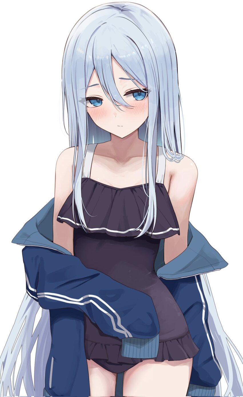 1girl arm_at_side bare_shoulders black_one-piece_swimsuit blue_eyes blue_jacket blush closed_mouth collarbone commentary corrupted_twitter_file cowboy_shot dot_nose facing_viewer frilled_one-piece_swimsuit frills hair_between_eyes hand_on_own_stomach highres jacket kunizaki long_hair long_sleeves off_shoulder one-piece_swimsuit open_clothes open_jacket project_sekai sidelocks sideways_glance simple_background sleeves_past_fingers sleeves_past_wrists solo swimsuit thighs very_long_hair white_background white_hair yoisaki_kanade
