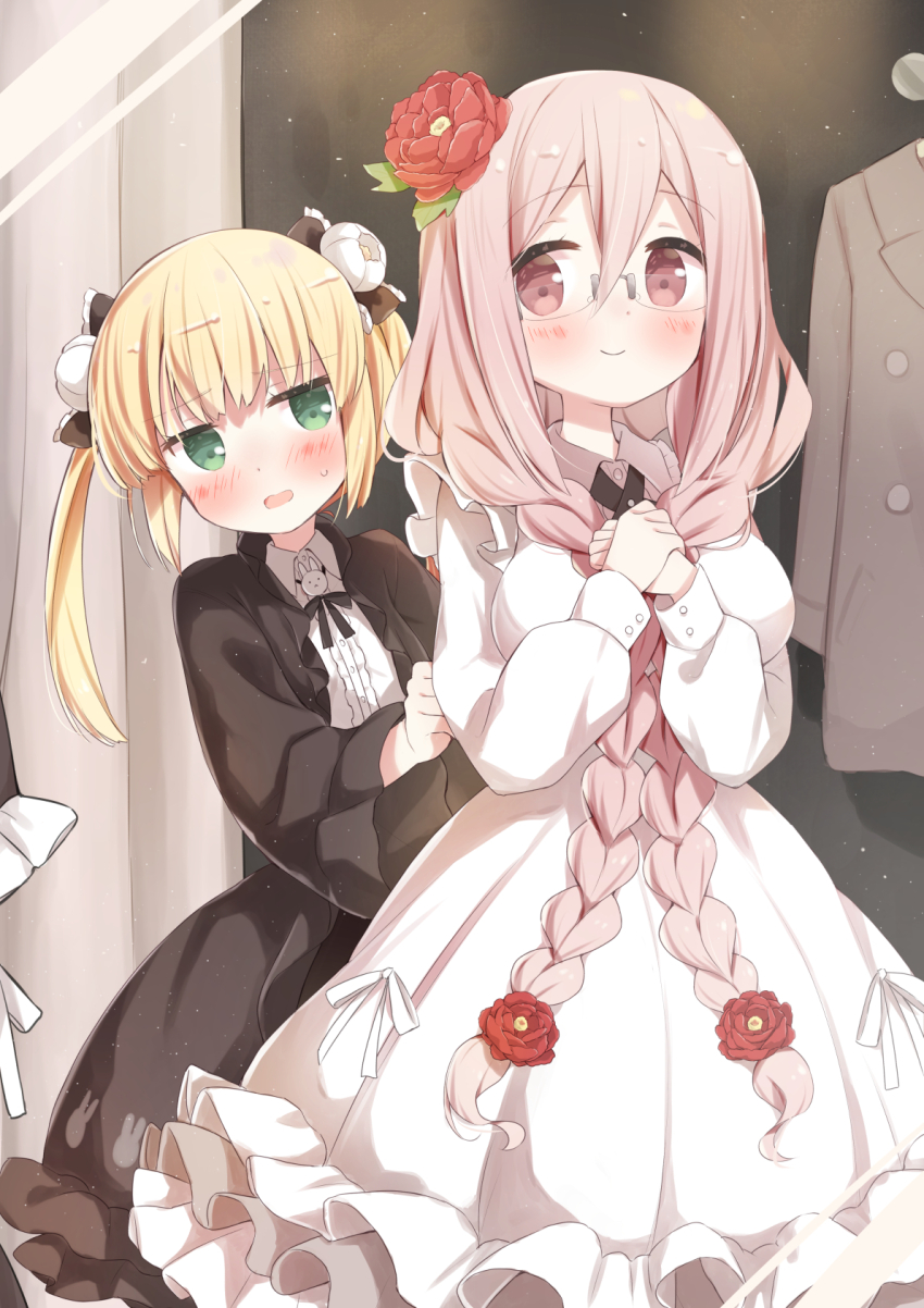 2girls adjusting_another&#039;s_clothes anne_happy blonde_hair blush braid commentary_request cross_tie dress flower frilled_dress frills glasses green_eyes hair_flower hair_ornament highres ichiyo12 jitome kumegawa_botan long_hair long_sleeves looking_to_the_side multiple_girls neck_ribbon open_mouth own_hands_together pink_eyes pink_hair ribbon sayama_tsubaki smile sweat twin_braids twintails very_long_hair