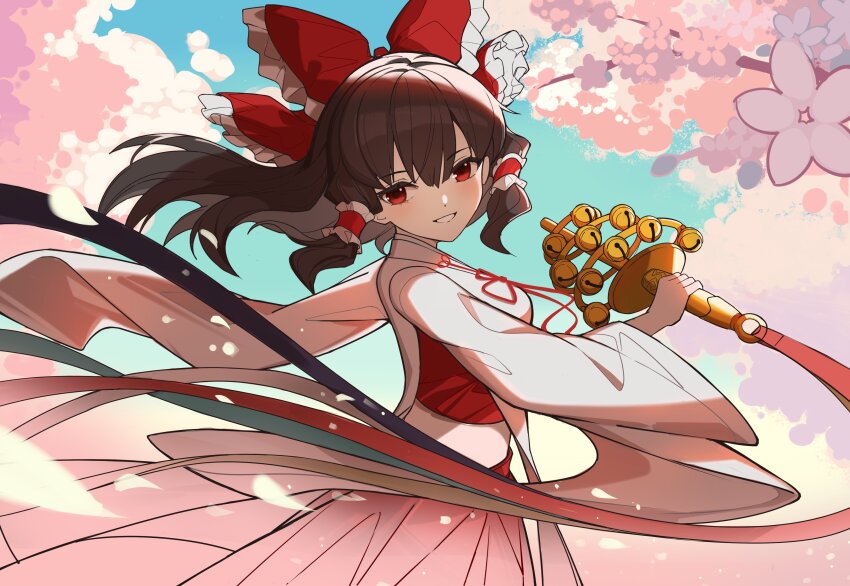 1girl absurdres ascot bow detached_sleeves devilkillerx flower frilled_bow frilled_hair_tubes frills gohei hair_bow hair_tubes hakurei_reimu highres open_mouth red_bow red_skirt ribbon-trimmed_sleeves ribbon_trim skirt skirt_set solo touhou upper_body yellow_ascot