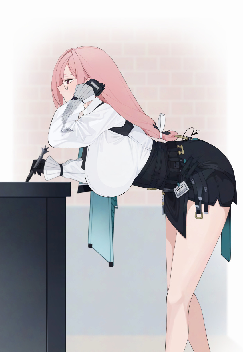 1girl absurdres bent_over black_gloves black_skirt breasts cowboy_shot dress_shirt earrings funf7245 glasses gloves hair_between_eyes high-waist_skirt highres holding holding_pen huge_breasts indoors jewelry long_hair pen pencil_skirt pink_eyes pink_hair shirt sideboob sidelocks skirt solo standing thighs tsukishiro_yanagi white_hair writing zenless_zone_zero