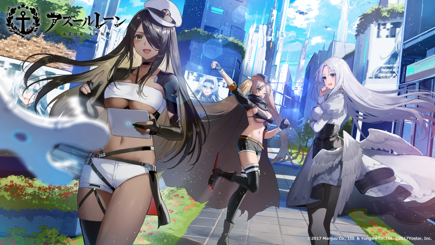 3girls asymmetrical_legwear azur_lane black_gloves black_hair blonde_hair blue_eyes bon_homme_richard_(azur_lane) boots breasts cleavage collar dark_skin dress fingerless_gloves gloves green_eyes hat highres hornet_(azur_lane) hornet_ii_(azur_lane) kuga_huna large_breasts long_hair looking_at_viewer multiple_girls navel northampton_(azur_lane) northampton_ii_(azur_lane) official_art one_eye_covered open_mouth outdoors pantyhose short_shorts shorts thigh_strap thighhighs twintails uneven_legwear very_long_hair white_dress white_hair wings yorktown_(azur_lane) yorktown_ii_(azur_lane)