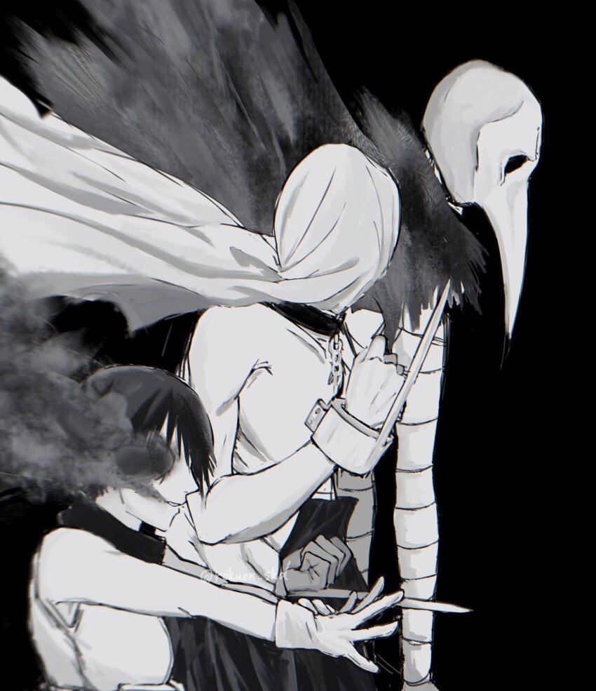 animal_skull bare_shoulders bird_skull broken broken_chain chain choujin_x collar cuffs fur_trim gloves higashi_azuma_(choujin_x) highres kurohara_tokio_(choujin_x) monochrome otta_ely_(choujin_x) rokuen_skd shackles smoke smoke_from_head topless_male twitter_username wrapped wrapping