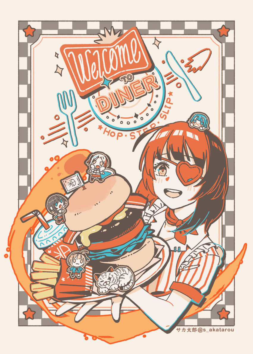 absurdres aoi_erika brown_hair burger byakko_(heaven_burns_red) chibi eyepatch fire food heaven_burns_red highres higuchi_seika hiiragi_kozue medium_hair minase_ichigo minase_sumomo multiple_girls official_alternate_costume one_eye_covered solo_focus team_31b_(heaven_burns_red) wbon
