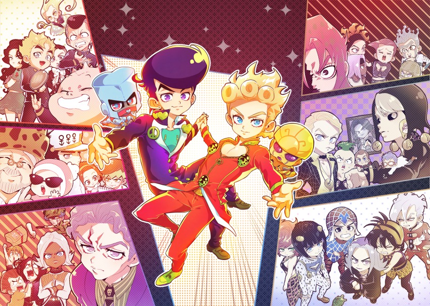 4girls 6+boys bad_id bad_pixiv_id bag black_sclera bruno_bucciarati chibi cioccolata coco_jumbo coin colored_sclera crazy_diamond diamond_wa_kudakenai diavolo everyone formaggio fungami_yuya ghiaccio giorno_giovanna gold_experience guido_mista hat hazamada_toshikazu hazekura_mikitaka higashikata_josuke highres hirose_koichi illuso jojo_no_kimyou_na_bouken joseph_joestar joseph_joestar_(old) kanedaichi_toyohiro kira_yoshikage kishibe_rohan kobayashi_tamami kuujou_joutarou leone_abbacchio macchakurimuv matcha_cream_v miyamoto_terunosuke multicolored_background multiple_boys multiple_girls narancia_ghirga nijimura_okuyasu oyanagi_ken pannacotta_fugo paper_bag pesci picture_frame polka_dot pompadour risotto_nero secco severed_hand shizuka_joestar sparkle squalo squatting stand_(jojo) striped sugimoto_reimi sunglasses tiziano trish_una turtle vento_aureo vinegar_doppio vldksltlah88 yamagishi_yukako yangu_shigekiyo