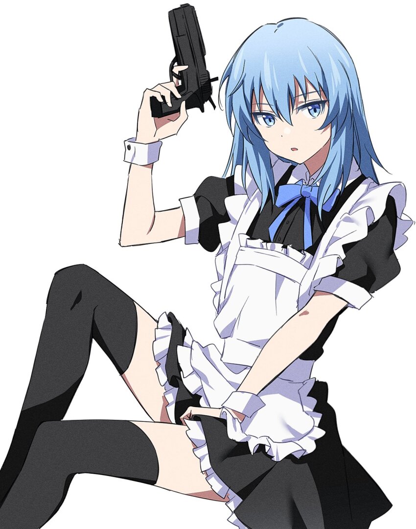 1boy alternate_costume ansatsu_kyoushitsu apron arm_up black_dress black_thighhighs blue_bow blue_bowtie blue_eyes blue_hair bow bowtie crossdressing dress enmaided feet_out_of_frame frilled_apron frilled_dress frills gun hair_between_eyes hair_down hand_on_lap highres holding holding_gun holding_weapon knees_up long_hair maid maid_apron male_focus male_maid open_mouth puffy_short_sleeves puffy_sleeves serious shiota_nagisa short_dress short_sleeves sidelocks simple_background sitting thighhighs trap weapon white_apron white_background wrist_cuffs yur11 zettai_ryouiki