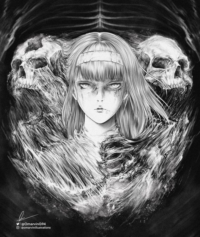 1girl blood bone broken_skull cropped_torso greyscale hairband highres long_hair looking_at_viewer marvin_(omarvin) medium_hair monochrome ribs serious shingeki_no_kyojin skull solo straight-on ymir_fritz