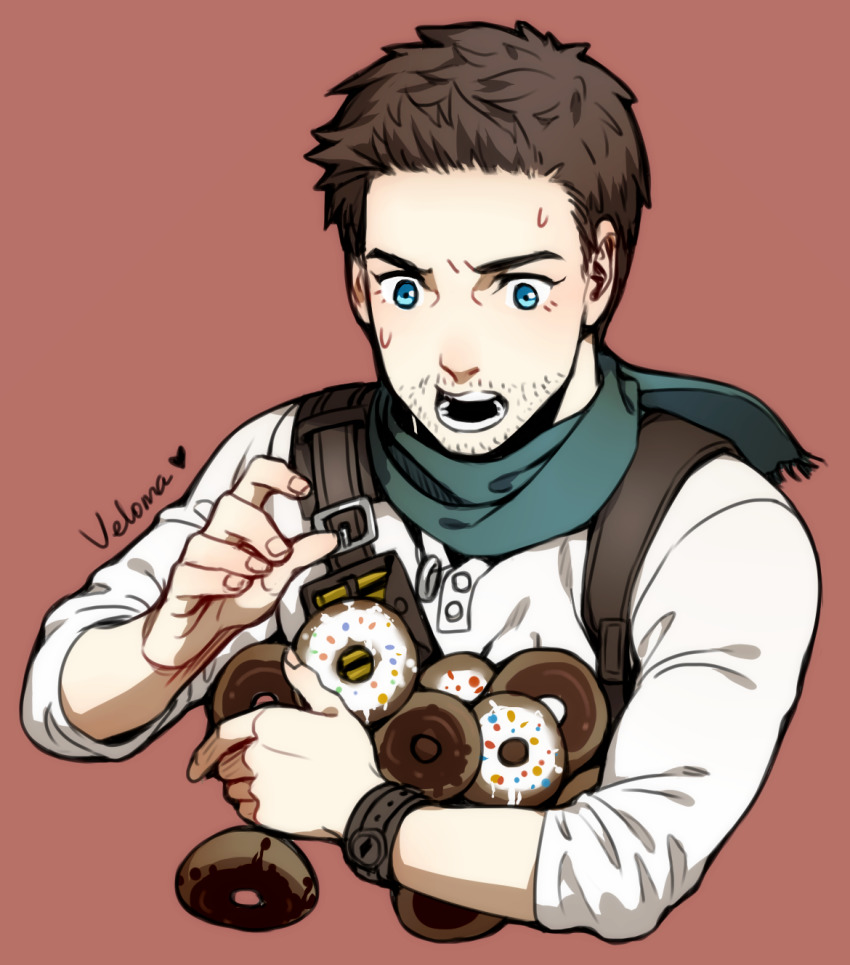 1boy anderain bandana bandolier belt blue_eyes brown_hair donut facial_hair food highres male_focus nathan_drake signature solo spill spilling stubble uncharted uncharted_3