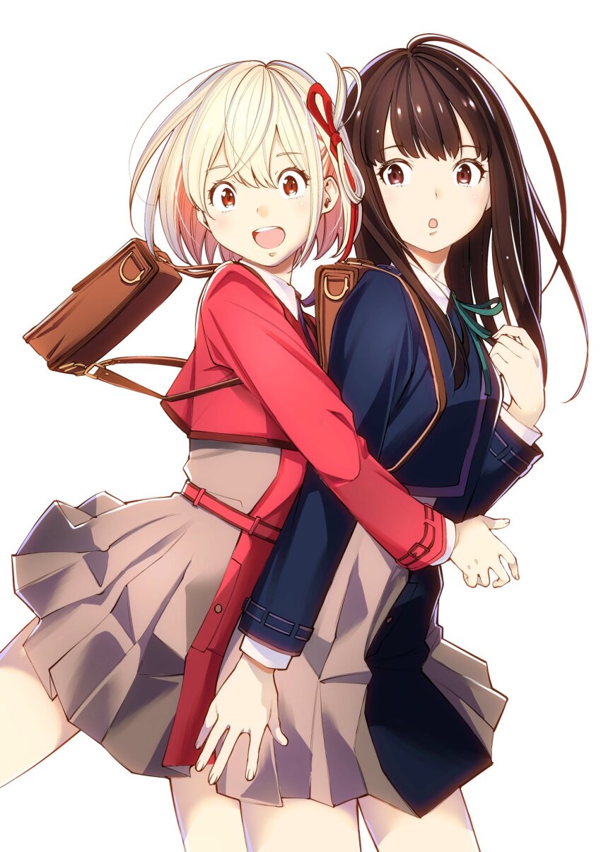 2girls backpack bag black_hair blonde_hair blue_jacket commentary_request cowboy_shot dress folded_hair fukushima_masayasu grey_dress highres hug hug_from_behind inoue_takina jacket long_hair lycoris_recoil lycoris_uniform multiple_girls nishikigi_chisato open_mouth pleated_dress purple_eyes red_eyes red_jacket round_teeth short_hair simple_background teeth two-tone_dress upper_teeth_only white_background