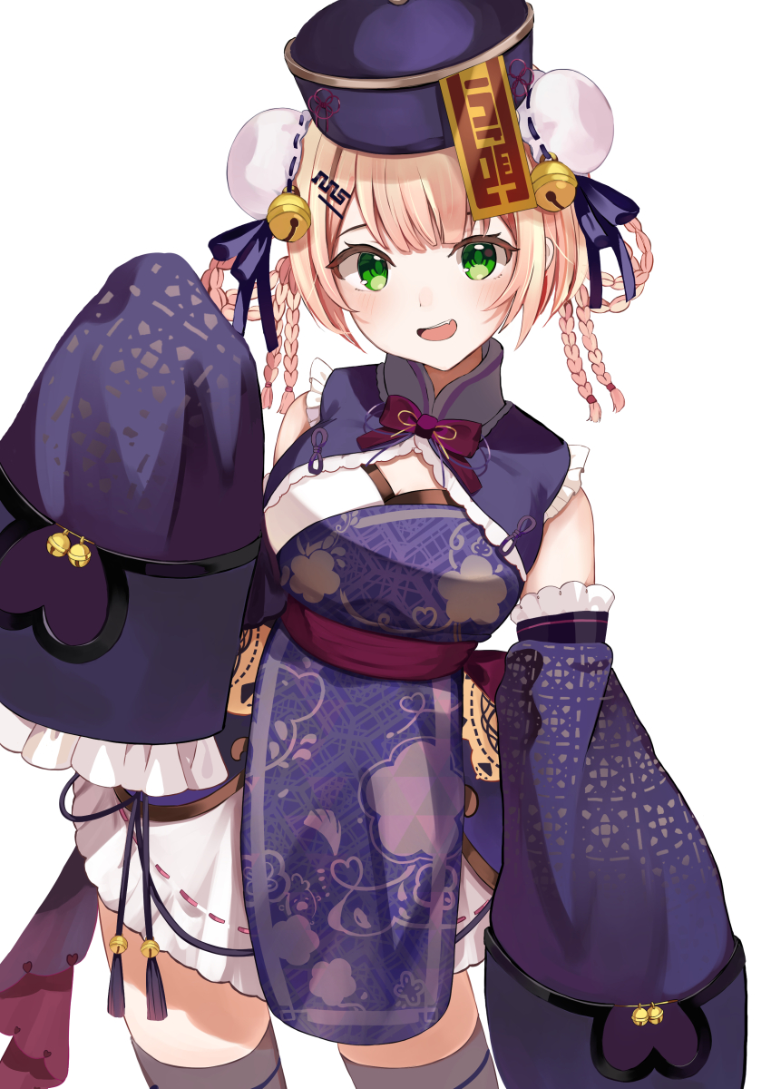 1girl absurdres bell bell_sleeves blonde_hair blush bow bowtie braid braided_hair_rings breasts bun_cover center-flap_bangs chinese_clothes chinese_knot_border cleavage cleavage_cutout clothing_cutout contrapposto cowboy_shot detached_sleeves double_bun draw_doro dress fang frilled_dress frilled_skirt frilled_sleeves frills green_eyes grey_thighhighs hair_bell hair_bun hair_ornament hair_rings hairclip hand_up hat highres hololive jiangshi looking_at_viewer medium_hair momosuzu_nene momosuzu_nene_(5th_costume) official_alternate_color official_alternate_costume official_alternate_hairstyle ofuda open_mouth purple_dress purple_hat qingdai_guanmao quad_hair_rings red_bow red_bowtie red_sash sash simple_background skirt sleeves_past_fingers sleeves_past_wrists smile solo standing thighhighs very_long_sleeves virtual_youtuber white_background white_skirt wide_sleeves zettai_ryouiki