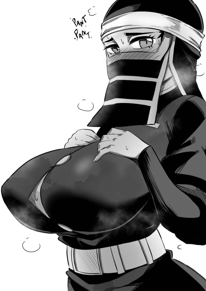 1girl absurdres belt blush breasts cleavage_cutout clothing_cutout hands_on_own_chest heavy_breathing highres huge_breasts kakushi_(kimetsu_no_yaiba) kimetsu_no_yaiba looking_at_viewer mask mouth_mask nesz_r steaming_body sweat