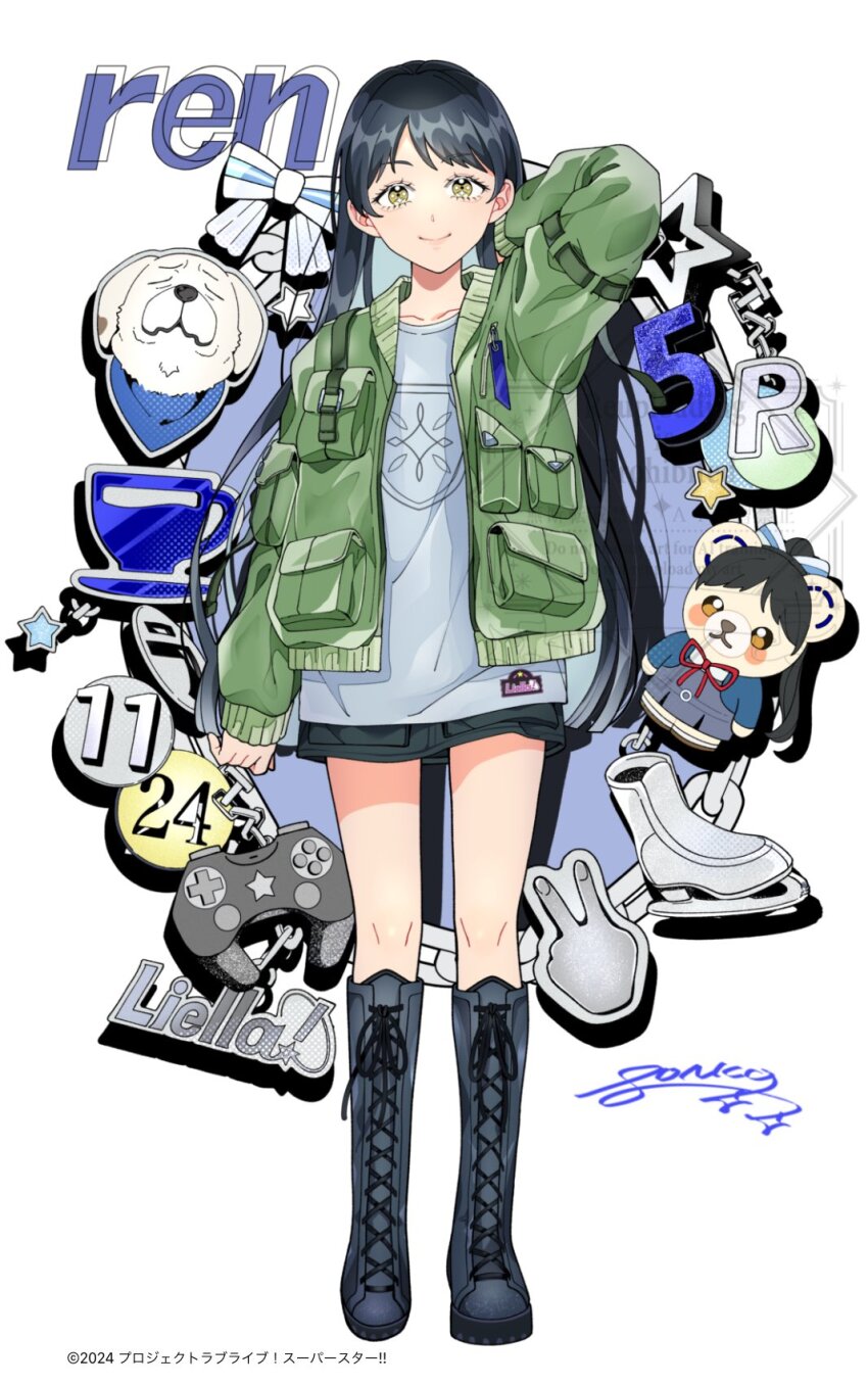 1girl animalization arm_up black_boots black_hair black_skirt blush boots bow character_doll character_name chibi_(love_live!_superstar!!) closed_mouth collarbone controller copyright_notice doll full_body game_controller green_jacket grey_shirt hair_down hazuki_ren highres jacket knee_boots lace-up_boots long_hair long_sleeves looking_at_viewer love_live! love_live!_superstar!! miniskirt official_art open_clothes open_jacket pocket ponko517 shirt skates skirt smile solo split_mouth standing star_(symbol) striped_bow stuffed_animal stuffed_toy teddy_bear v watermark white_background white_boots white_bow yellow_eyes
