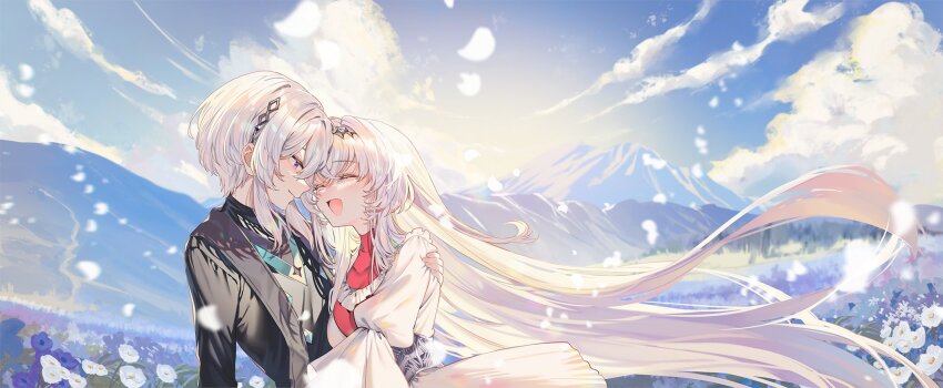 1boy 1girl :d black_jacket blue_sky boukyaku_seijo closed_eyes cloud cover cover_page dress eile_rishtark falling_petals field flower flower_field hair_ornament heads_together highres hug jacket long_hair long_sidelocks long_sleeves looking_at_another mariabelle_(boukyaku_seijo) mountain novel_cover official_art open_clothes open_jacket open_mouth petals puffy_sleeves purple_eyes second-party_source shirt short_hair shuri_(84k) sidelocks sky smile tiara trap turtleneck turtleneck_shirt very_long_hair white_dress white_hair