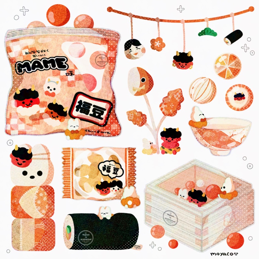 artist_name ball box commentary cup food food_focus food_wrapper fruit highres knolling mask moyaco orange_(fruit) orange_theme original signature simple_background smile solid_circle_eyes solid_eyes sushi translation_request white_background
