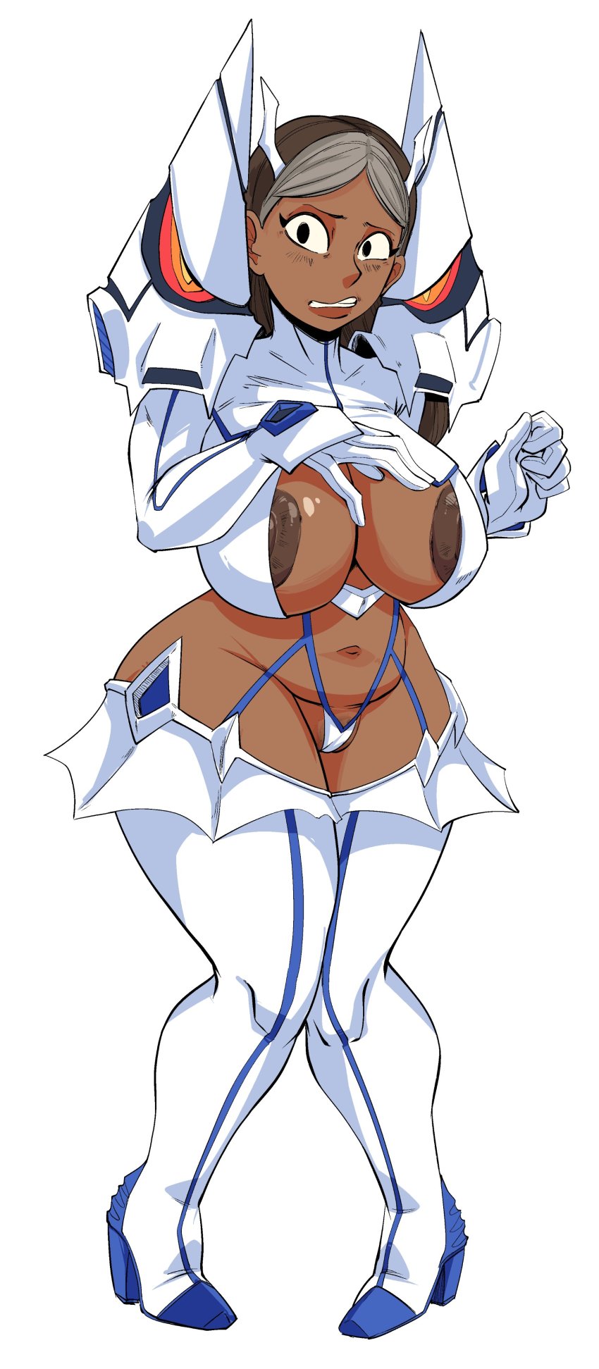 1girl absurdres areola_slip black_eyes box_chan breasts cameltoe cosplay crossover curvy dark-skinned_female dark_skin eyelashes female_focus highres kill_la_kill kiryuuin_satsuki_(cosplay) large_areolae large_breasts long_hair looking_at_viewer mature_female navel nipples plump priyanka_maheswaran simple_background standing steven_universe thick_thighs thighs white_background wide_hips