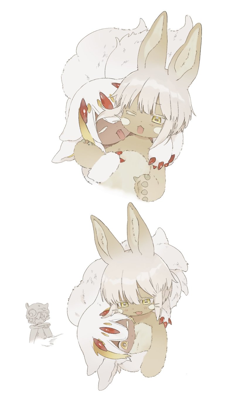 0_0 1boy 1girl 1other :3 absurdres animal_ears arm_around_waist blonde_hair blush brown_fur cape claws closed_eyes commentary_request cropped_torso dark-skinned_female dark_skin faputa fewer_digits furry grey_hair hand_on_another&#039;s_shoulder hands_up helmet highres horizontal_pupils licking looking_at_another looking_down made_in_abyss multicolored_hair multiple_tails multiple_views nanachi_(made_in_abyss) nude one_eye_closed open_mouth pointy_ears reg_(made_in_abyss) short_hair simple_background streaked_hair tail tongue tongue_out whiskers white_background white_fur white_hair yellow_eyes zaxhw8