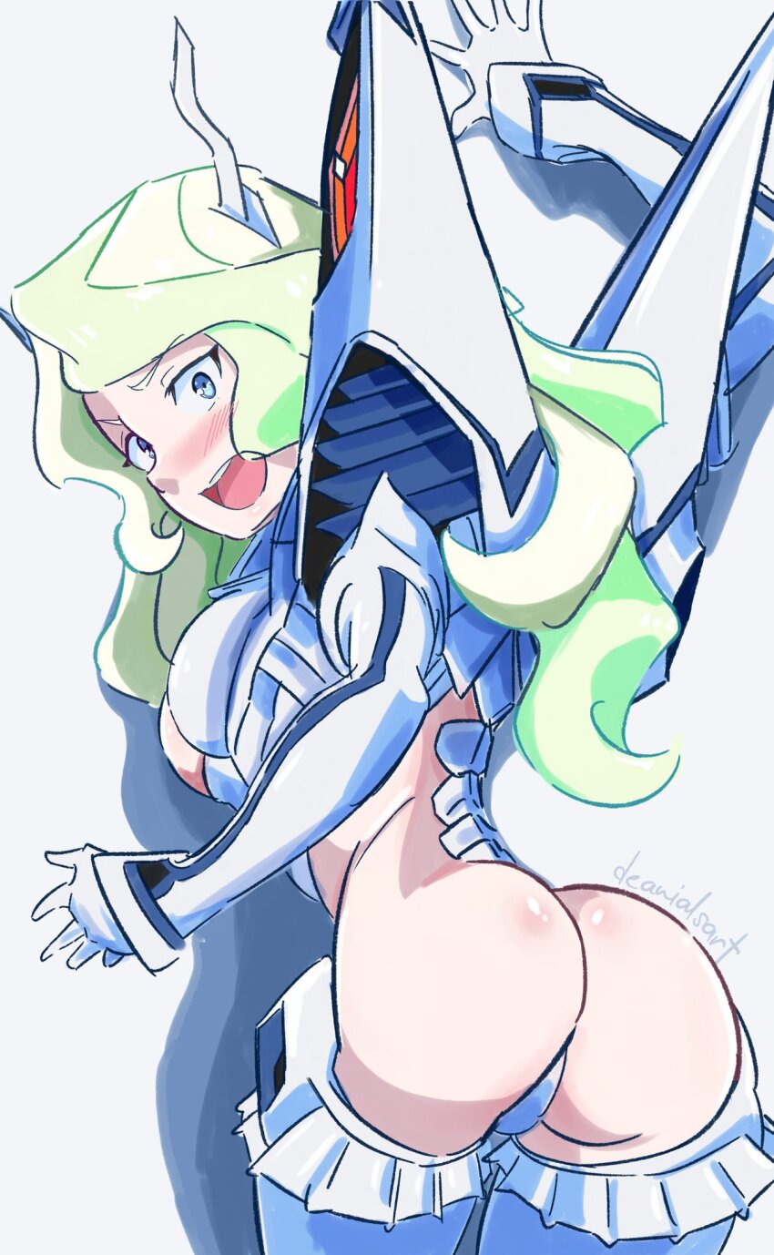 1girl ass blonde_hair blue_eyes blush commentary company_connection cosplay deanialsart diana_cavendish highres junketsu kill_la_kill kiryuuin_satsuki kiryuuin_satsuki_(cosplay) little_witch_academia long_hair surprised white_background