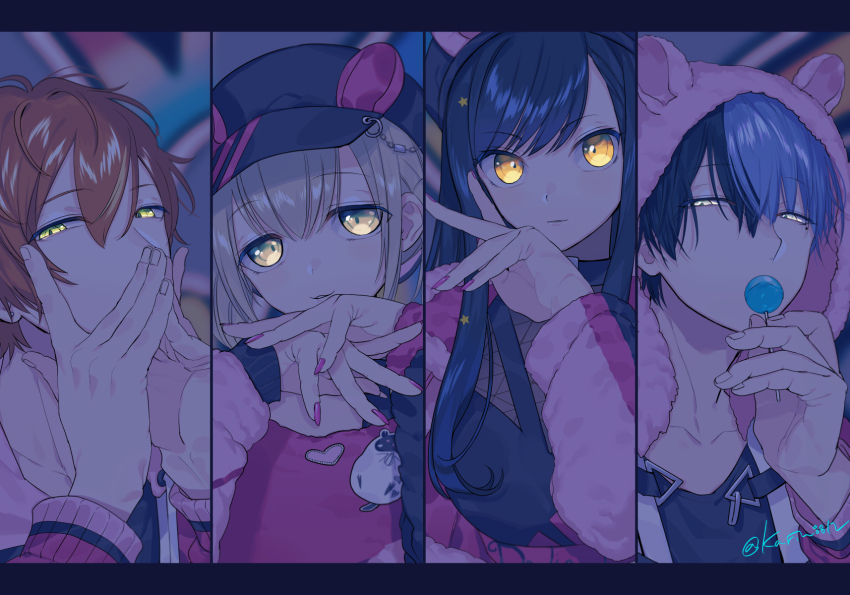 2boys 2girls animal_hood aoyagi_touya awakening_beat_(project_sekai) azusawa_kohane beat_eater_(vocaloid) black_border black_hair blonde_hair blue_hair blurry blurry_background border brown_eyes candy commentary covered_mouth dark_blue_hair fingernails food glowing glowing_eyes green_eyes grey_eyes hair_ornament hat heart highres holding holding_candy holding_food holding_lollipop hood hood_up lollipop long_hair long_sleeves looking_at_viewer mole mole_under_eye multicolored_hair multiple_boys multiple_girls official_alternate_costume orange_eyes orange_hair parted_lips pink_nails project_sekai shinonome_akito shiraishi_an short_hair sohu split-color_hair star_(symbol) star_hair_ornament streaked_hair twitter_username two-tone_hair upper_body vivid_bad_squad_(project_sekai)