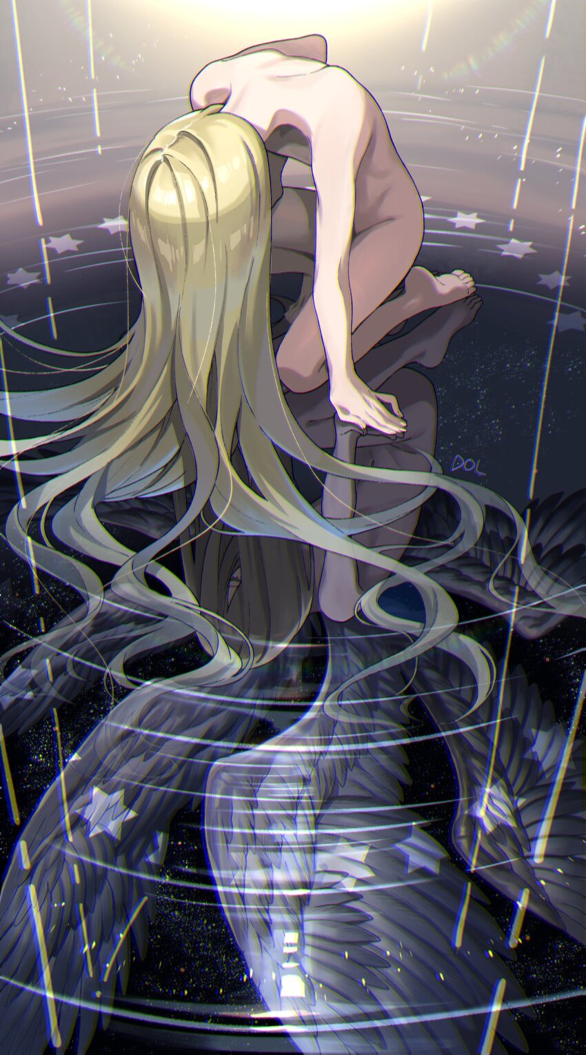 1boy afuro_terumi angel_wings blonde_hair closed_eyes completely_nude dolustoy hand_on_ground highres inazuma_eleven inazuma_eleven_(series) long_hair male_focus nude on_one_knee reflection shoulder_blades solo star_(symbol) water wings