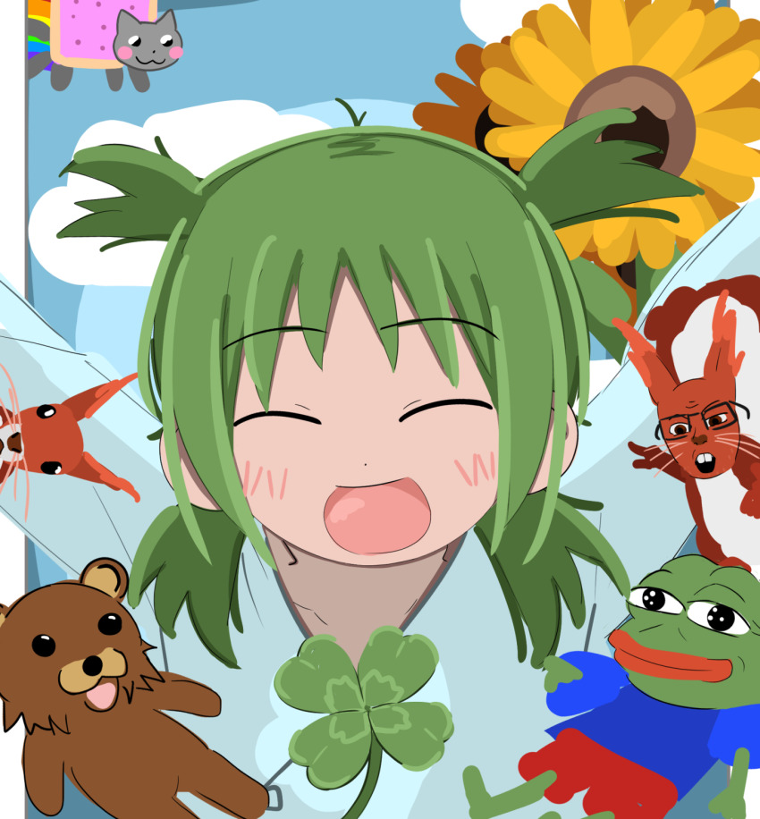 1girl 4chan boy&#039;s_club closed_eyes cloud clover commentary english_commentary flower four-leaf_clover glasses green_hair highres hospital_gown koiwai_yotsuba kurokimoko nyan_cat open_mouth pedobear pepe_the_frog quad_tails soyjak squirrel sunflower yotsubato!