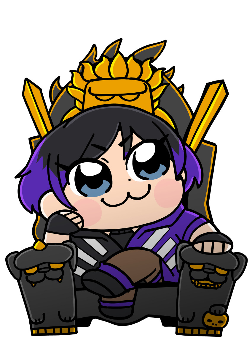 1girl :3 absurdres bkub black_gloves black_hair black_jacket blue_eyes blush_stickers chibi chibi_only colored_tips crossed_legs fingerless_gloves full_body gloves head_rest highres jacket looking_up multicolored_hair multicolored_jacket non-web_source official_art purple_hair purple_jacket reina_(tekken) short_hair simple_background sitting sitting_on_throne solo tekken tekken_8 throne two-tone_hair two-tone_jacket white_background