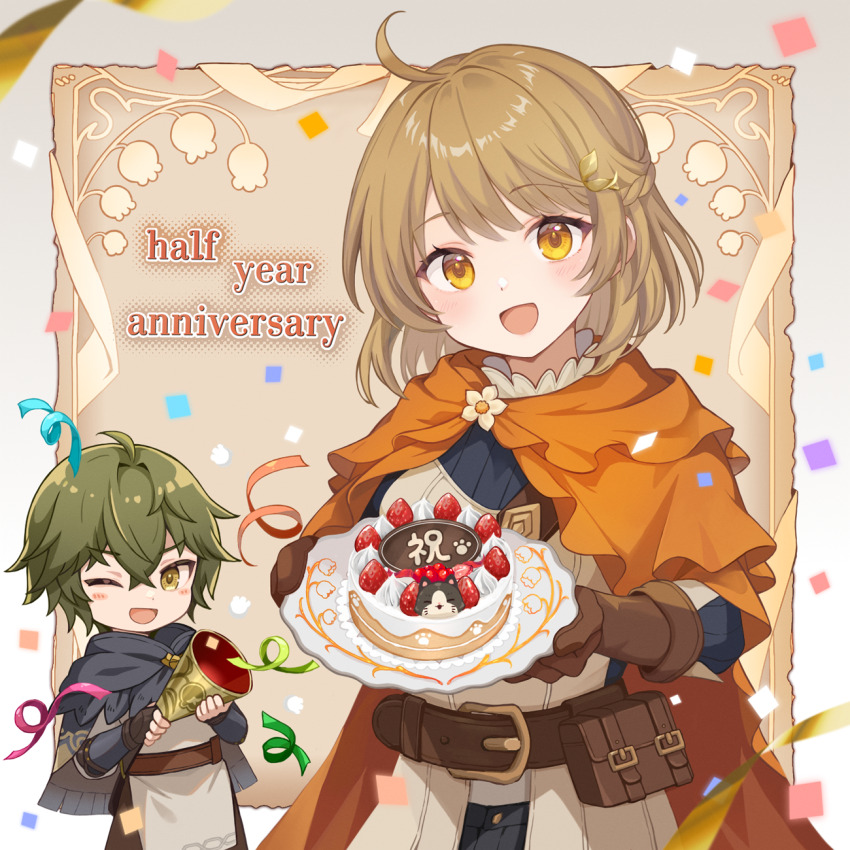 1boy 1girl ahoge anniversary belt blush_stickers brown_belt brown_gloves brown_hair cape commentary_request confetti english_text faycal_(sword_of_convallaria) food gloves green_hair hair_between_eyes highres irono_ha looking_at_viewer maitha_(sword_of_convallaria) one_eye_closed open_mouth orange_cape short_hair smile sword_of_convallaria yellow_eyes