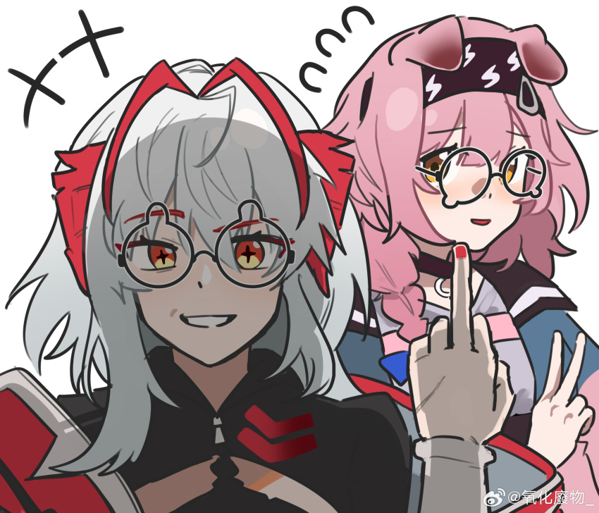 +++ 2girls animal_ears antenna_hair arknights bespectacled black-framed_eyewear black_choker black_hairband black_shirt blush braid cat_ears cat_girl choker demon_girl demon_horns flying_sweatdrops glasses goldenglow_(arknights) grey_hair grey_jacket grin hair_ornament hairband hairclip hand_up highres horns jacket lightning_bolt_print long_hair looking_at_viewer middle_finger multicolored_jacket multiple_girls nail_polish open_clothes open_jacket parted_lips pink_hair pink_jacket portrait raised_eyebrow red_eyes red_jacket red_nails round_eyewear shirt side_braid simple_background smile teardrop-framed_glasses two-tone_jacket v w_(arknights) watermark weibo_watermark white_background wis&#039;adel_(arknights) wwfo_2 yellow_eyes