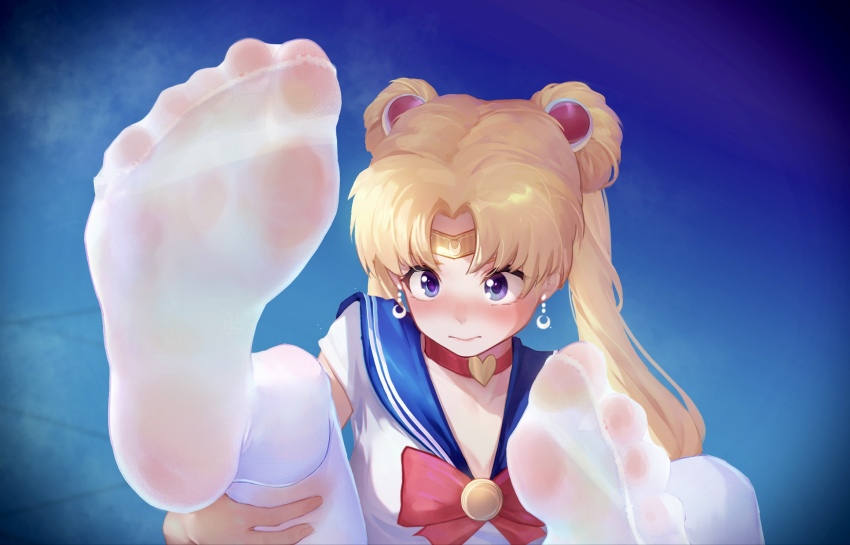 1girl bishoujo_senshi_sailor_moon bishoujo_senshi_sailor_moon_s blonde_hair blue_eyes blue_sailor_collar blush choker circlet closed_mouth collarbone crescent crescent_earrings derivative_work dirty dirty_feet double_bun earrings feet foot_focus greek_toe hair_bun hair_ornament heart heart_choker highres icecake jewelry legs_up long_hair magical_girl meme no_shoes pantyhose photoshop_(medium) red_choker sailor_collar sailor_moon sailor_moon_redraw_challenge_(meme) sailor_senshi_uniform screenshot_redraw seamed_legwear soles solo spread_toes steam steaming_body toe_seam toes tsukino_usagi twintails upper_body white_pantyhose
