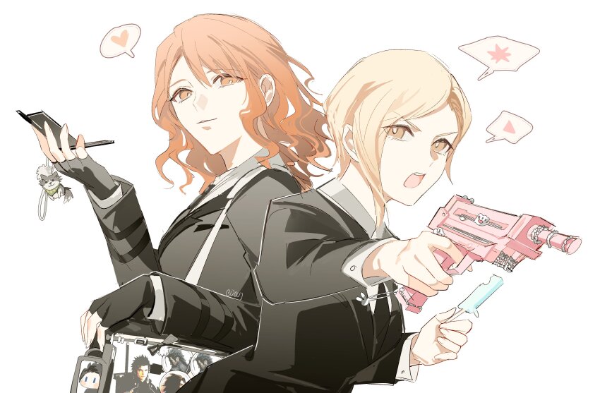 2girls absurdres bag black_gloves black_jacket black_necktie blonde_hair brown_eyes brown_hair cellphone cissnei closed_mouth collared_shirt commentary crisis_core_final_fantasy_vii dog duoj_ji elena_(ff7) english_commentary final_fantasy final_fantasy_vii final_fantasy_vii_rebirth final_fantasy_vii_remake fingerless_gloves flip_phone food formal_clothes gloves gun handgun heart highres holding holding_food holding_gun holding_phone holding_popsicle holding_weapon jacket long_sleeves looking_at_viewer medium_hair merchandise multiple_girls necktie open_mouth phone popsicle shirt short_hair shoulder_bag simple_background speech_bubble spoken_heart suit suit_jacket swept_bangs turks_(ff7) twitter_username upper_body wavy_hair weapon white_background white_shirt yellow_eyes zack_fair