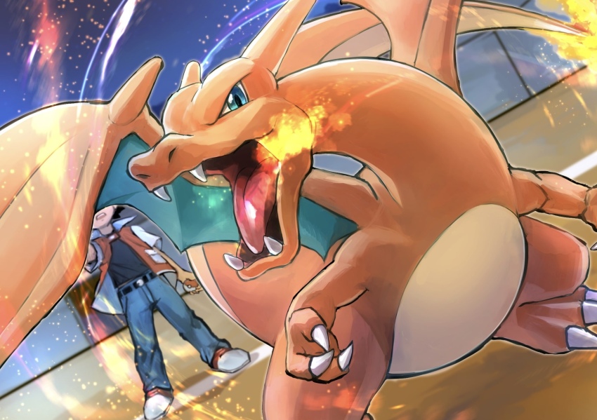 1boy belt belt_buckle black_belt black_hair black_shirt buckle charizard claws commentary_request creatures_(company) day_walker1117 fire flame-tipped_tail game_freak gen_1_pokemon highres holding holding_poke_ball jacket male_focus nintendo open_mouth pants poke_ball poke_ball_(basic) pokemon pokemon_(creature) pokemon_rgby red_(pokemon) shirt shoes short_hair teeth upper_teeth_only