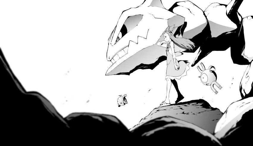1girl dress gen_1_pokemon gen_2_pokemon greyscale gym_leader highres jasmine_(pokemon) long_hair magnemite monochrome nintendo poke_ball pokemon pokemon_(creature) pokemon_hgss rock sandals smile steelix tsukamoto_minori two_side_up