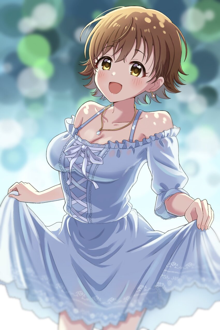 1girl blurry blurry_background blush breasts brown_hair cleavage collarbone cross-laced_clothes cross-laced_dress dress flipped_hair grey_dress highres honda_mio idolmaster idolmaster_cinderella_girls jewelry looking_at_viewer medium_breasts necklace off-shoulder_dress off_shoulder short_hair skirt_hold smile solo yakitouhu3