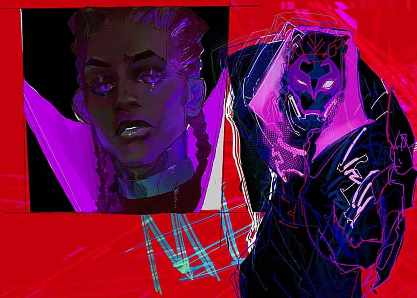 1boy belt black_lips braid brown_hair claws dark-skinned_male dark_skin flashbrandy hair_over_shoulder highres jacket male_focus marvel mask miles_g._morales multiple_views parted_lips prowler_(marvel) purple_eyes purple_theme red_background simple_background spider-man:_across_the_spider-verse spider-man_(series) spider-verse spoilers thick_eyebrows twin_braids very_dark_skin