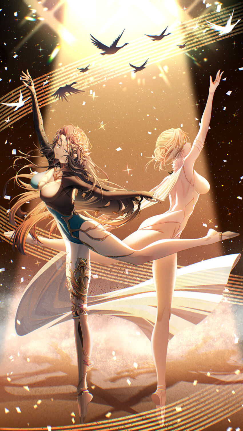 2girls arm_up athletic_leotard back-to-back bare_shoulders bird black_background black_hair blonde_hair blue_eyes blue_leotard breasts caroline_bartley cleavage cleavage_cutout closed_eyes clothing_cutout confetti detached_sleeves floating_hair full_body gymnastics hair_bun hair_ornament half-closed_eyes highres large_breasts leaf_hair_ornament leg_up leotard long_hair long_sleeves multicolored_leotard multiple_girls pantyhose parted_lips prosthesis prosthetic_leg reverse:1999 rhythmic_gymnastics shadow short_hair sieka_(piiroinardesco) spotlight standing standing_on_one_leg tiptoes two-tone_leotard very_long_hair waist_cape white_leotard white_pantyhose white_sleeves willow_(reverse:1999)