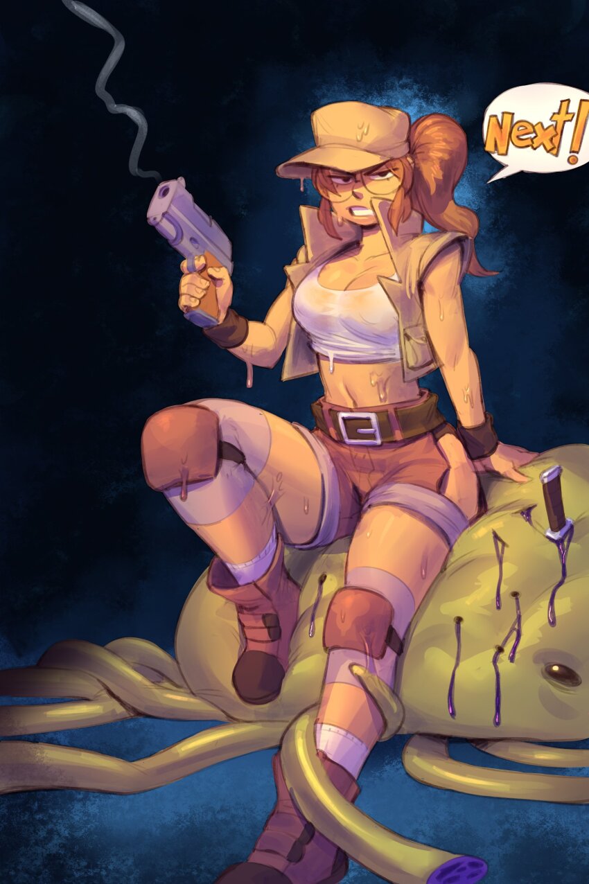 ! 1girl 1other absurdres after_battle alien arm_support bare_shoulders belt blood boots breasts brown_belt brown_eyes brown_hair corpse crop_top cup english_text fio_germi glasses green_footwear green_hat green_shorts green_vest hat highres holding holding_cup knee_pads knife large_breasts long_hair mars_people metal_slug midriff navel no_bra o_corvo ponytail serious short_shorts shorts sidelocks simple_background sitting sitting_on_person spread_legs sweat sweatdrop tan tank_top tentacles thighs unworn_vest vest white_tank_top wide_hips