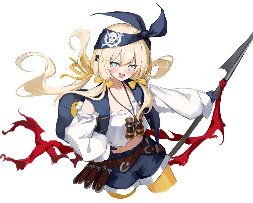 1girl bandana belt belt_buckle binoculars blonde_hair blue_eyes blue_gloves blue_shorts blush bow breasts buckle collarbone commentary_request crop_top deep-sea_scout_(shadowverse) gloves hair_between_eyes hair_bow hair_ribbon highres holding holding_polearm holding_weapon knife_sheath long_hair looking_at_viewer low_ponytail midriff navel open_mouth outstretched_arms pantyhose pirate polearm ponytail puffy_sleeves ribbon shadowverse sheath shiro_wa_(shiroshironix) shirt shorts simple_background sketch skull small_breasts smile solo standing weapon white_background white_shirt yellow_bow yellow_pantyhose yellow_ribbon