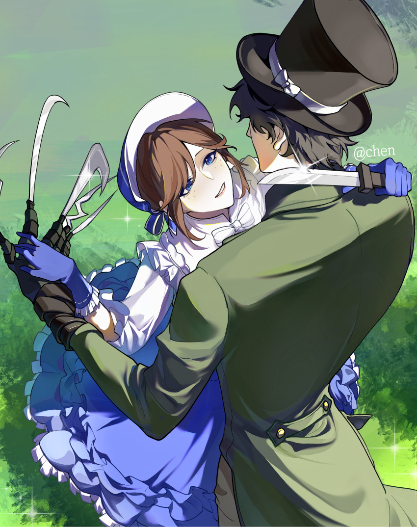 1boy 1girl absurdres arm_up black_gloves black_hair black_hat blade_to_throat blue_dress blue_eyes blue_gloves blue_hat bonnet brown_hair coat coattails couple crooked_smile day dress emma_woods emma_woods_(boudoir_dream) facing_another flipped_bangs freckles from_above from_behind gloves grass green_coat hand_on_another&#039;s_shoulder hands_up hat height_difference highres holding holding_hands holding_knife identity_v jack_(&quot;good_child&quot;)_(identity_v) jack_(identity_v) knife light_brown_hair lipgloss long_dress looking_at_another material_growth niyoushibiera outdoors shirt short_hair side_part sunlight swept_bangs top_hat two-sided_fabric two-sided_headwear white_hat white_shirt