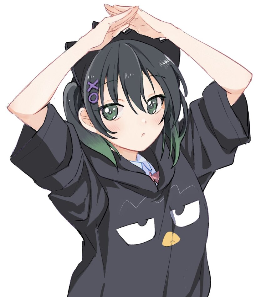 1girl arms_up badtz-maru black_hair black_hoodie blush collared_shirt commentary_request gradient_hair green_eyes green_hair hair_between_eyes hair_ornament hairclip highres hood hoodie looking_at_viewer love_live! love_live!_nijigasaki_high_school_idol_club multicolored_hair ogi_(sham00) sanrio shirt sidelocks simple_background solo takasaki_yu twintails upper_body white_background