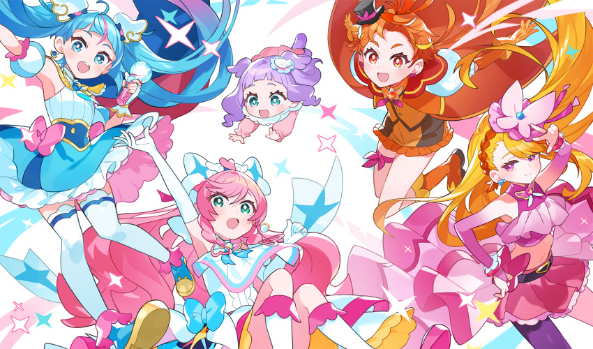 1boy 4girls ankle_boots aqua_eyes arm_up ascot belt black_belt blonde_hair blue_bow blue_cape blue_dress blue_eyes blue_hair blue_shoes boots bow bow_skirt braid braided_bangs bridal_gauntlets bright_pupils brooch butterfly_hat_ornament cape coattails cure_butterfly cure_prism cure_sky cure_wing cut_bangs detached_sleeves dress dress_bow earrings elbow_gloves ellee-chan fingerless_gloves floating frilled_dress frilled_shirt frilled_shorts frills fringe_trim gloves gradient_hair green_eyes hair_bow hair_ornament hand_on_own_hip hat hat_ornament highres hijiri_ageha hirogaru_sky!_precure holding jacket jewelry kanyoko_(yuzukano_17) knee_boots knees_up layered_dress layered_gloves leg_ribbon long_hair looking_at_another looking_at_viewer magical_boy magical_girl microskirt midriff mini_hat mini_top_hat mob_cap multicolored_hair multiple_girls navel nijigaoka_mashiro open_mouth orange_boots orange_gloves orange_hair orange_jacket orange_shorts orange_vest pantyhose pink_bow pink_gloves pink_hair pink_hat pink_shirt pink_skirt pleated_skirt precure puffy_detached_sleeves puffy_short_sleeves puffy_sleeves purple_eyes purple_hair purple_pantyhose red_cape red_eyes ribbon shirt shoes short_dress short_shorts short_sleeves shorts showgirl_skirt side_braids single_earring single_leg_pantyhose single_sidelock skirt sky_mirage sleeveless sleeveless_dress sleeveless_shirt smile sora_harewataru star_(symbol) streaked_hair thighhighs tilted_headwear top_hat twintails two-sided_cape two-sided_fabric two-tone_dress two-tone_hair two_side_up very_long_hair vest w white_ascot white_boots white_bow white_dress white_gloves white_pupils white_thighhighs wing_brooch wing_hair_ornament yuunagi_tsubasa