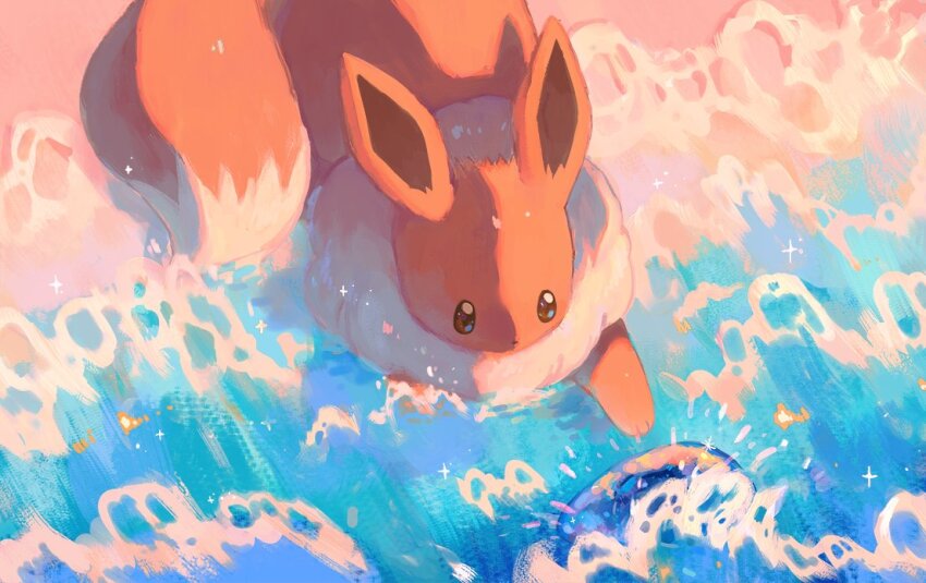 animal_focus beanynne brown_eyes commentary eevee english_commentary evolution_stone evolutionary_stone gen_1_pokemon looking_down nintendo no_humans pokemon pokemon_(creature) shadow solo water water_stone