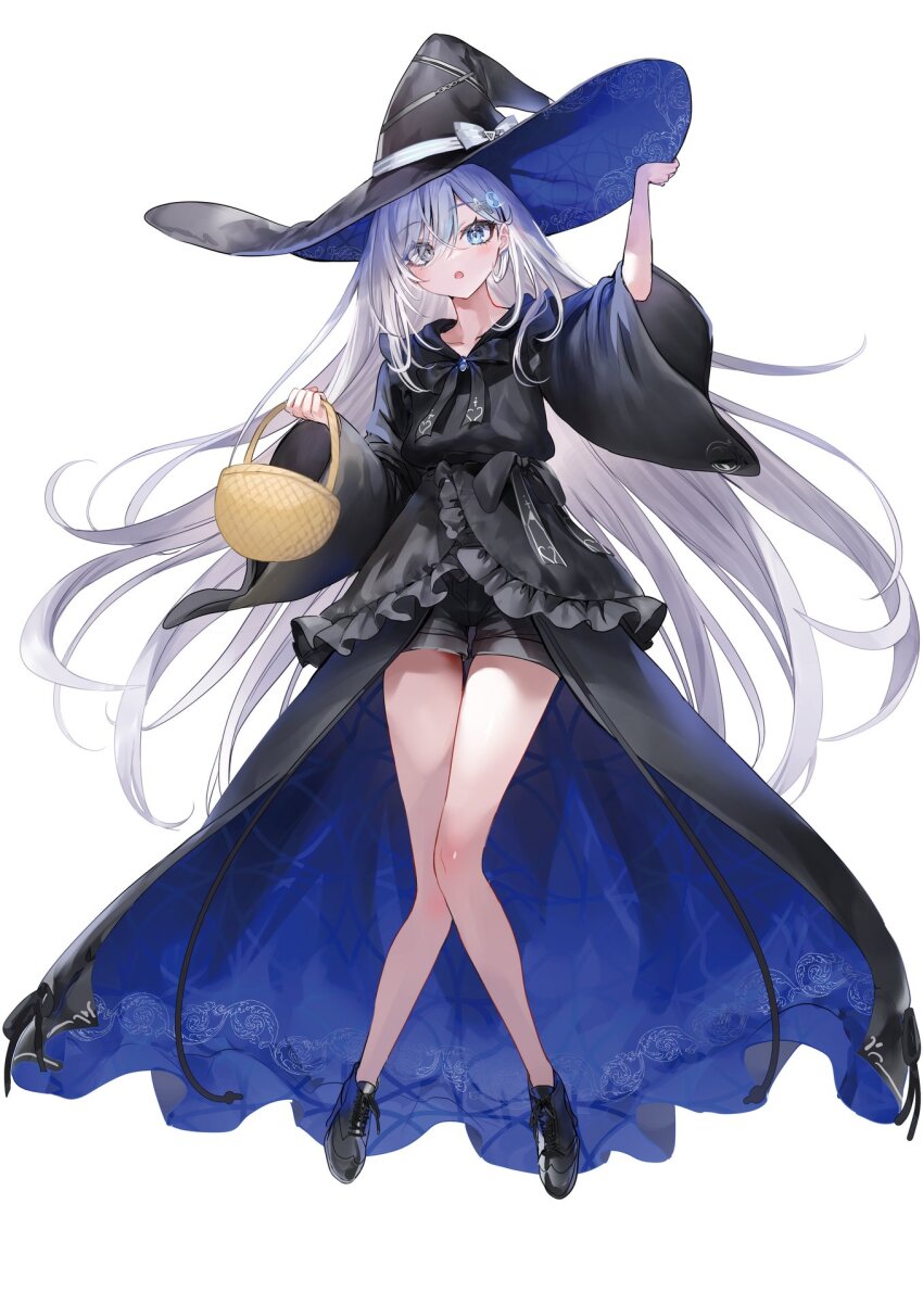 1girl basket black_dress black_hat black_ribbon black_shoes black_shorts blue_eyes blush dress female_focus grey_eyes hair_ornament hairpin hat hat_ribbon heterochromia highres holding holding_basket holding_unworn_clothes holding_unworn_hat legs long_hair long_sleeves looking_at_viewer multicolored_eyes nekometaru open_mouth ribbon shibou_yuugi_de_meshi_o_kuu shoes shorts simple_background solo solo_focus thighs unworn_hat unworn_headwear very_long_hair white_background white_hair white_ribbon witch yuuki_(shibou_yuugi)