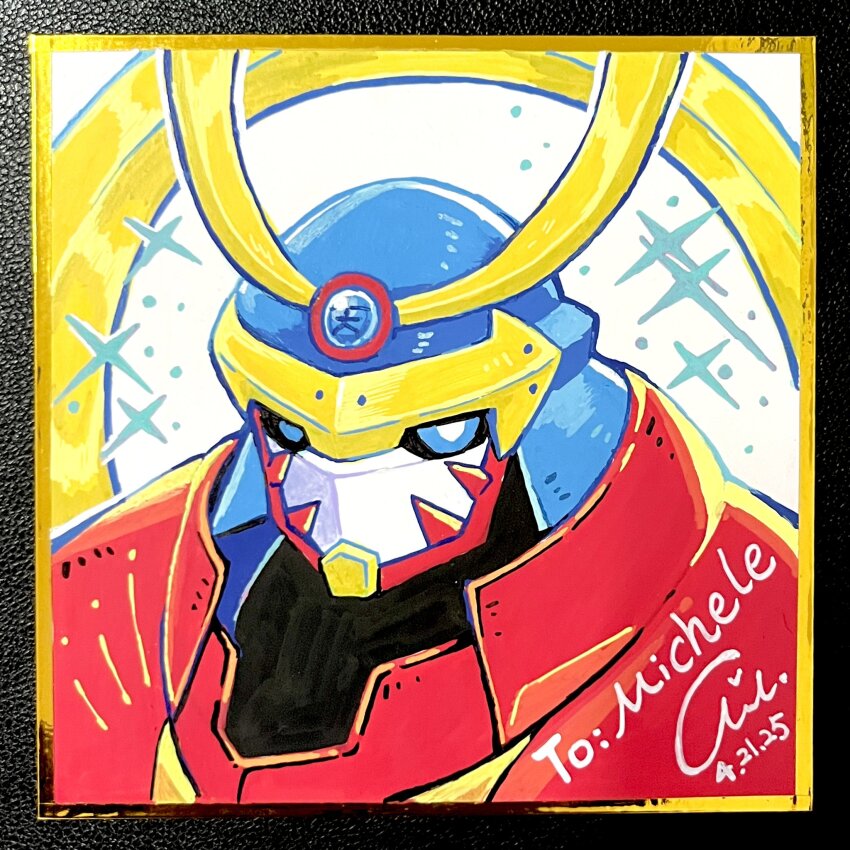 1boy armor aurola030 blue_eyes blue_helmet close-up dated digimon digimon_(creature) gold_border helmet highres male_focus photo_(medium) red_armor shikishi signature simple_background solo susanoomon traditional_media white_background