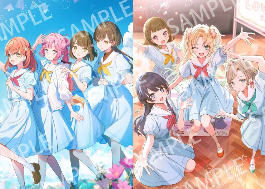 5th_live_tour_~4pair_power_spread!!!!~ 6+girls ;d ahoge anyoji_hime aqua_neckerchief aqua_shoes black_hair black_ribbon blonde_hair blue_dress blue_eyes blue_hair blunt_bangs blunt_ends bob_cut box braid breast_pocket breasts brown_hair brown_shoes butler_bowing cardboard_box center-flap_bangs ceras_yanagida_lilienfeld check_commentary closed_mouth commentary_request dress fang flower flower_knot gradient_hair green_eyes grey_hair hair_flower hair_intakes hair_ornament hair_ribbon half_up_braid half_updo hasu_no_sora_school_uniform highres hinoshita_kaho indoors jellyfish_cut kachimachi_kosuzu katsuragi_izumi leg_up link!_like!_love_live! loafers long_hair looking_at_viewer love_live! medium_dress medium_hair momose_ginko multi-tied_hair multicolored_hair multiple_girls murano_sayaka neckerchief official_art on_box one_eye_closed open_mouth orange_eyes orange_hair osawa_rurino osawa_rurino&#039;s_cardboard_box outdoors pink_eyes pink_flower pink_hair pink_ribbon pleated_dress pocket ponytail princes_(love_live!) puffy_short_sleeves puffy_sleeves rabbit_hair_ornament red_neckerchief red_shoes ribbon ruri&amp;to_(love_live!) sailor_collar sailor_dress sample_watermark school_uniform shoes short_hair short_sleeves side_braids sidelocks sitting sitting_on_box smile split_mouth squatting standing summer_uniform triangle_hair_ornament turtleneck two_side_up uwabaki virtual_youtuber watermark watermark_grid white_sailor_collar whiteboard winter_uniform yellow_neckerchief yukimaru_nun