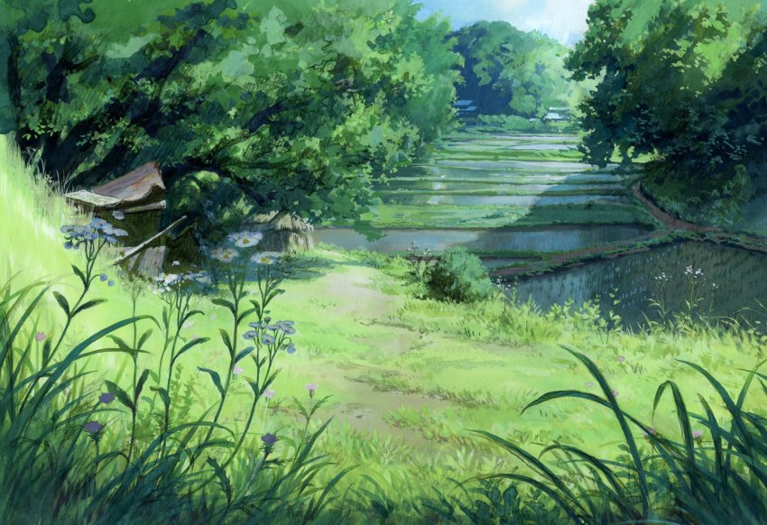 commentary_request damachitanu field flower grass highres hut no_humans original outdoors scenery tree water