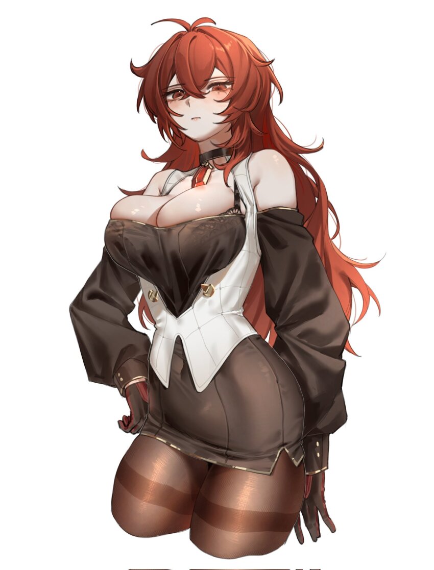 1girl black_bra black_choker blush bra breasts brown_dress brown_gloves brown_pantyhose choker closed_mouth diluc_(genshin_impact) dress genderswap genderswap_(mtf) genshin_impact gloves hair_between_eyes highres long_hair long_sleeves medium_breasts pantyhose red_eyes red_hair solo underwear zehuij