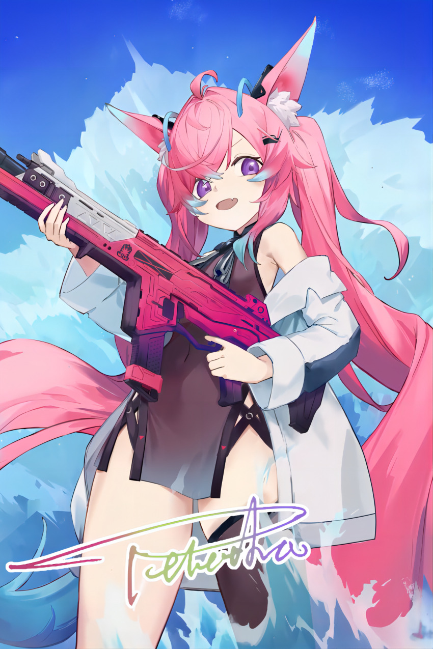1girl animal_ear_fluff animal_ears bad_source bare_shoulders blue_sky bow bowtie character_name china_dress chinese_clothes dress fang fox_ears fox_girl gradient_hair gun hair_between_eyes hair_ornament highres holding holding_gun holding_weapon indie_virtual_youtuber jacket long_bangs long_hair long_sleeves looking_at_viewer multicolored_hair official_art open_clothes open_jacket open_mouth outdoors pink_hair purple_eyes sidelocks sky smile solo standing teletha_(vtuber) thighhighs twintails very_long_hair virtual_youtuber water weapon white_jacket white_thighhighs