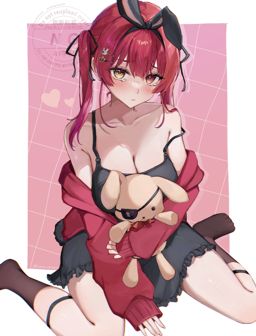 1girl absurdres animal_ears bare_shoulders black_camisole black_dress black_socks breasts camisole cleavage dress fake_animal_ears full_body fumina_natamin highres holding holding_stuffed_toy hololive houshou_marine jacket kneeling large_breasts long_hair off_shoulder rabbit_ears red_eyes red_hair red_jacket single_off_shoulder socks solo stuffed_toy tears twintails virtual_youtuber yellow_eyes